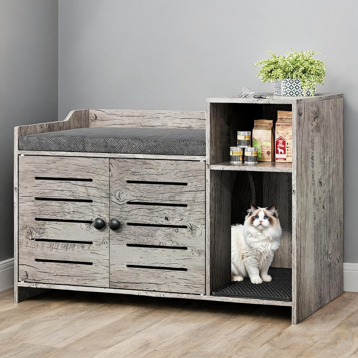 Farmhouse wooden hidden litter box enclosure with storage shelf