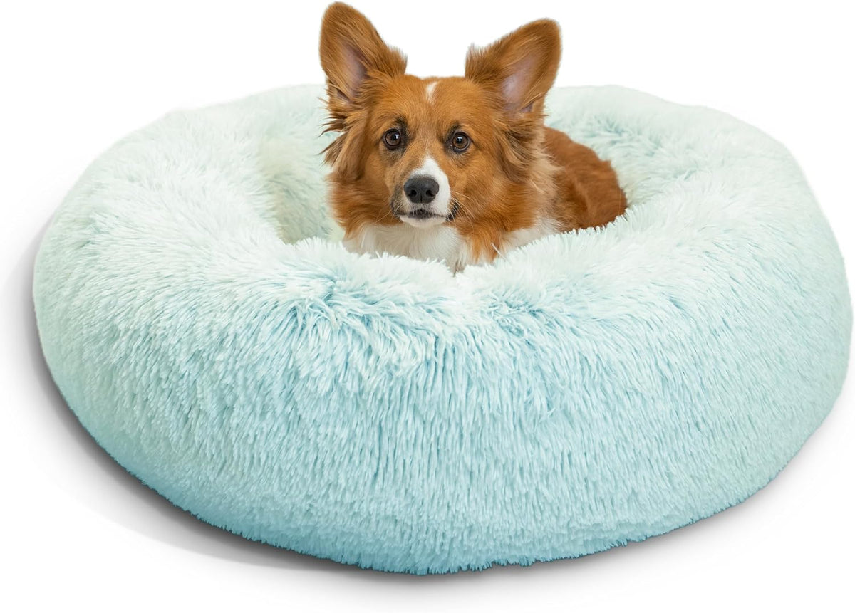 Dark brown round faux fur donut dog bed with raised rim – view 44