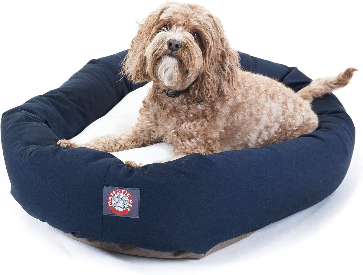 Navy medium round sherpa bagel dog bed