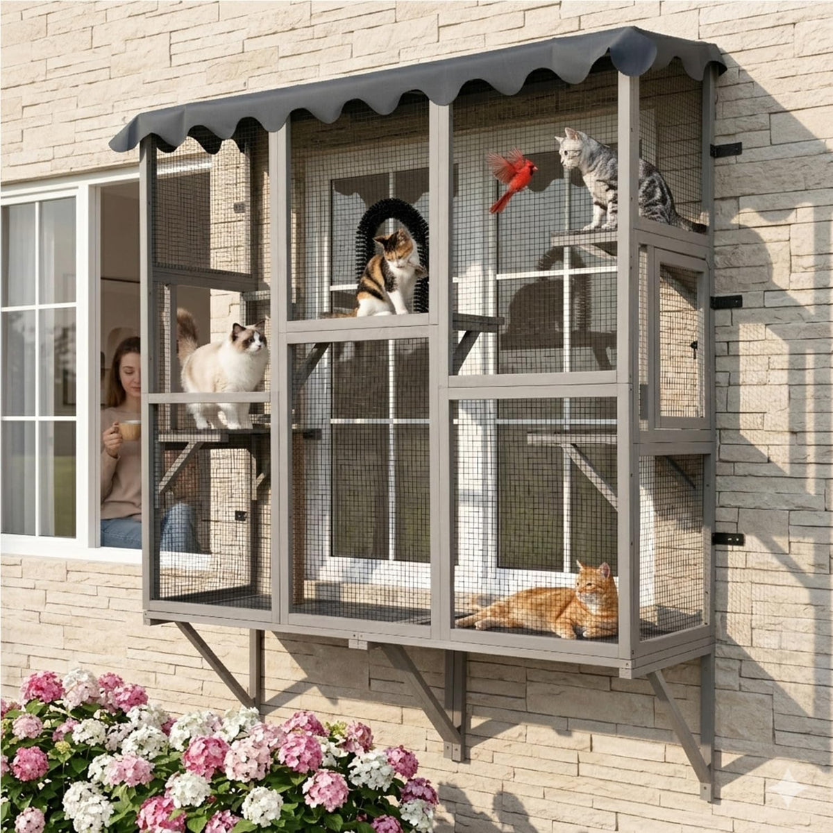 Tall dark gray wooden window catio with galvanized mesh and perches