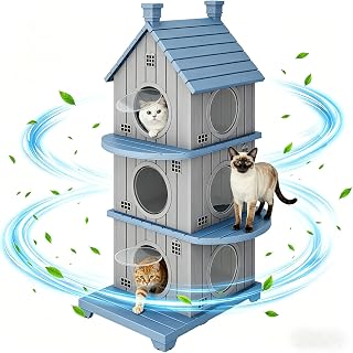 Resin Outdoor Cat House, 3-Story Weatherproof with Elevated Base, Anti-Slip Pad and Ventilation, Blue
