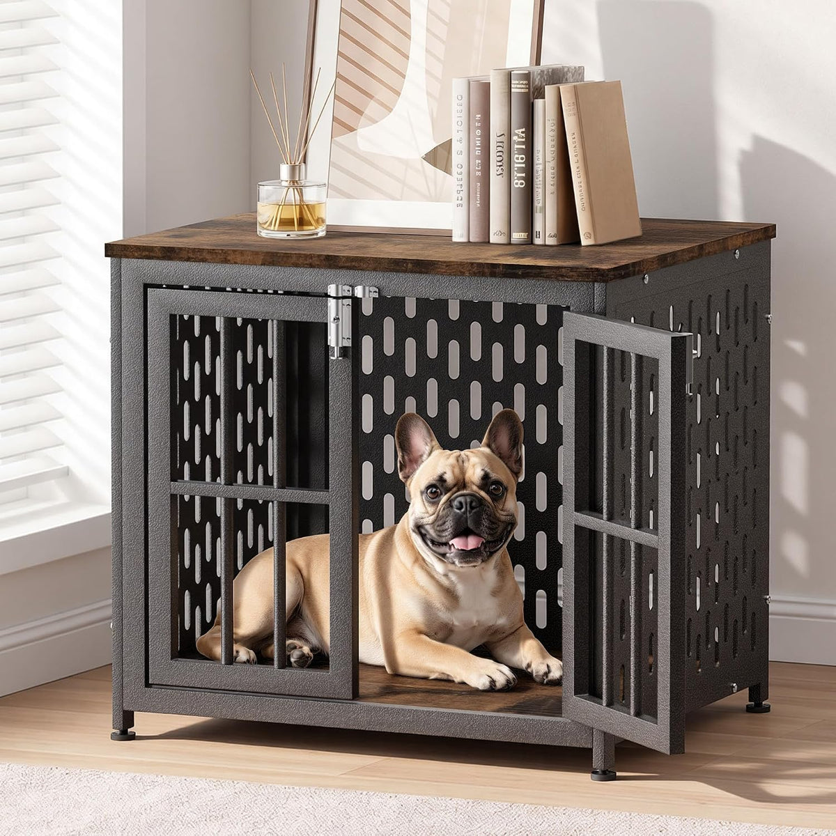 Aged black heavy duty dog crate furniture with double metal doors and four locks – view 3