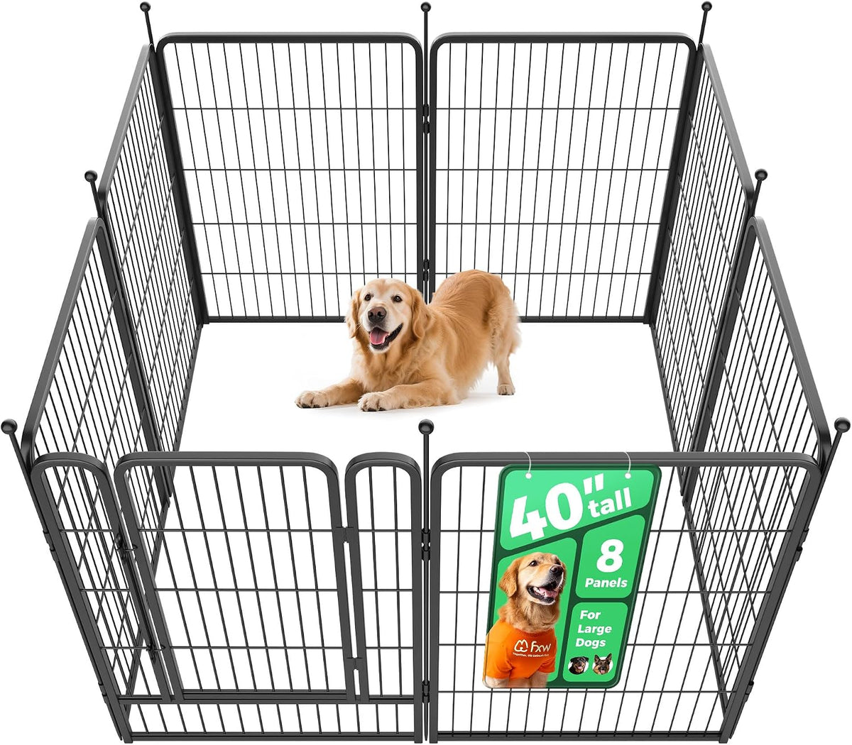 Black 40 inch tall 8-panel dog playpen set up in a yard