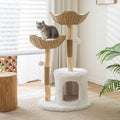White 46 inch wooden cat tree with two rattan basket beds, plush condo and rope scratching posts