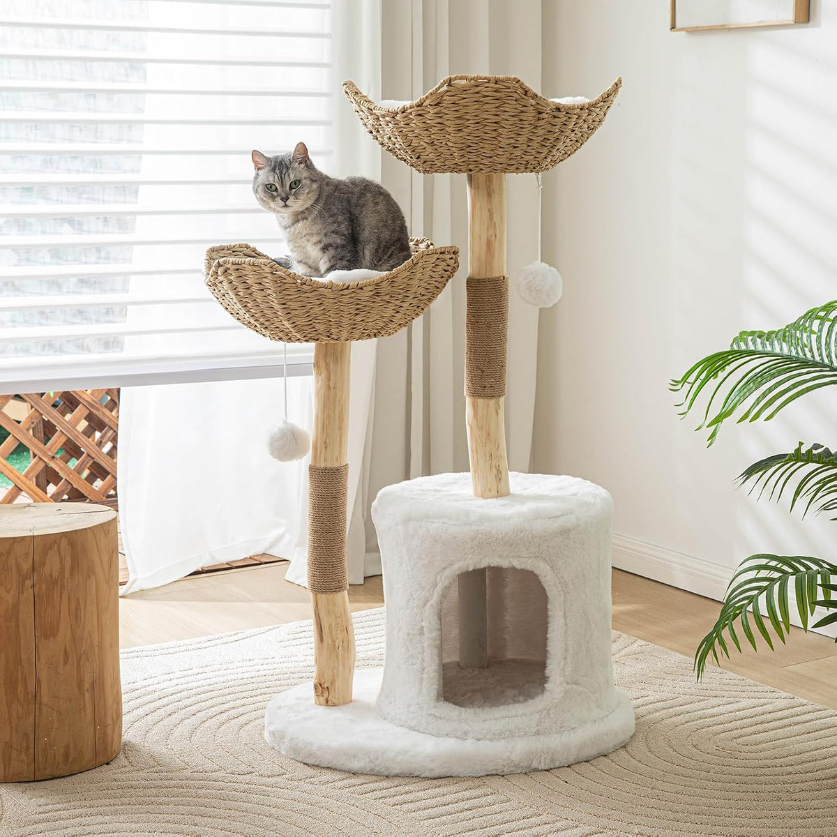 White 46 inch wooden cat tree with two rattan basket beds, plush condo and rope scratching posts