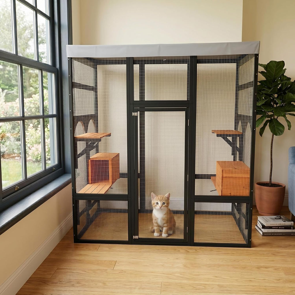Large metal wire outdoor cat enclosure with platforms, napping houses and roof