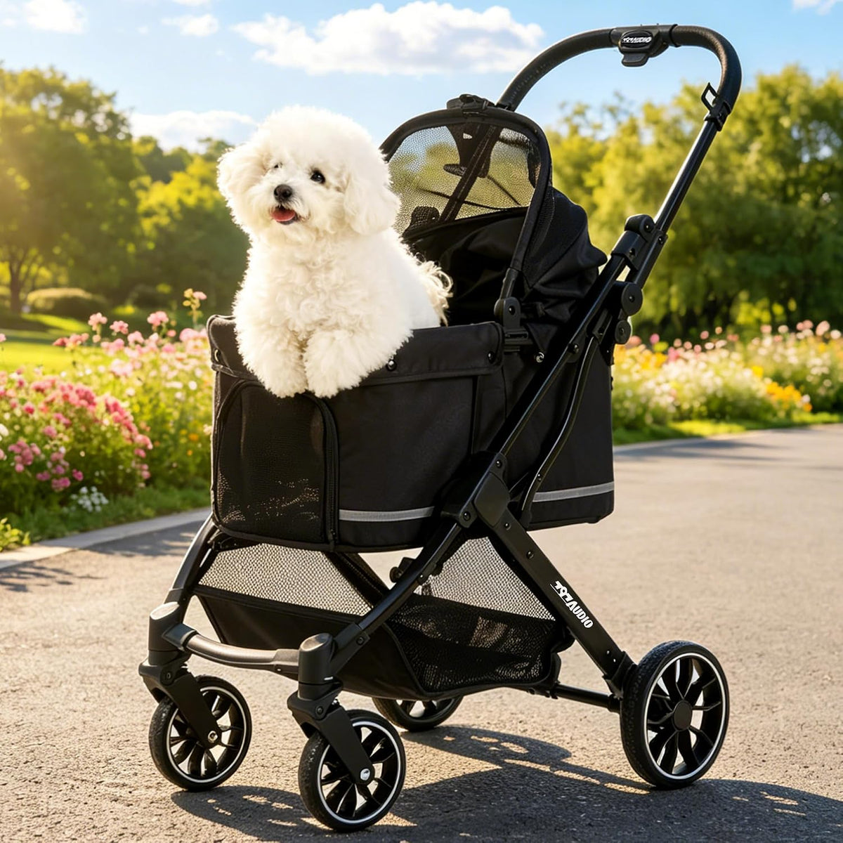 Pink three-in-one pet stroller with detachable carrier and adjustable canopy – view 4