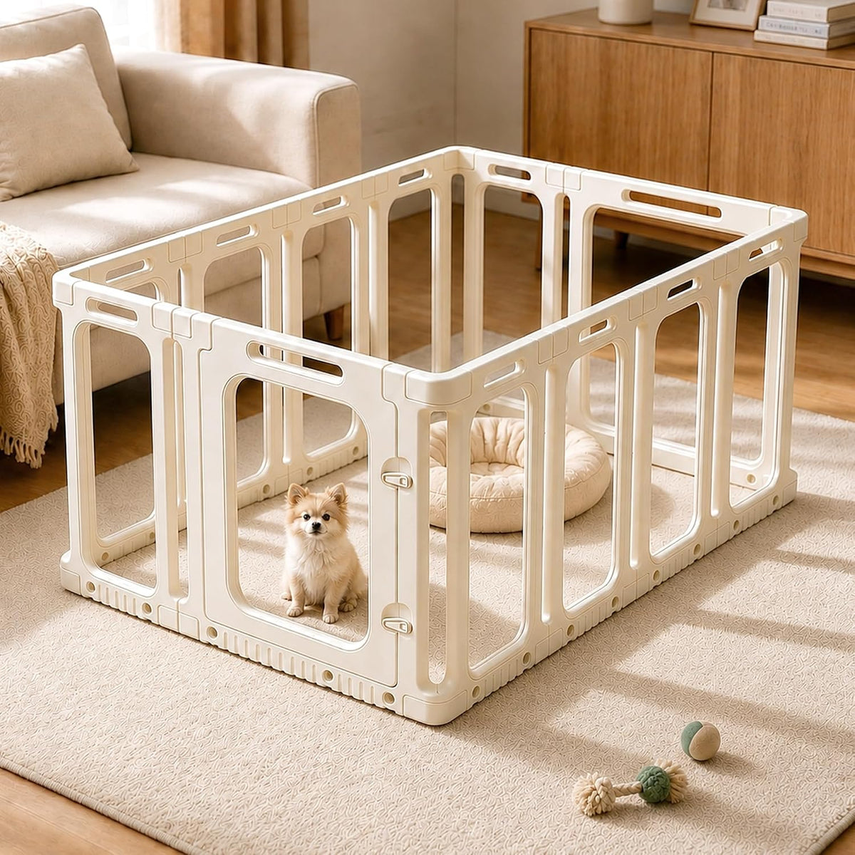 Clear acrylic puppy playpen on a wheeled base plate – view 2