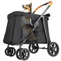 Black one-hand fold large pet stroller with roll-up shade