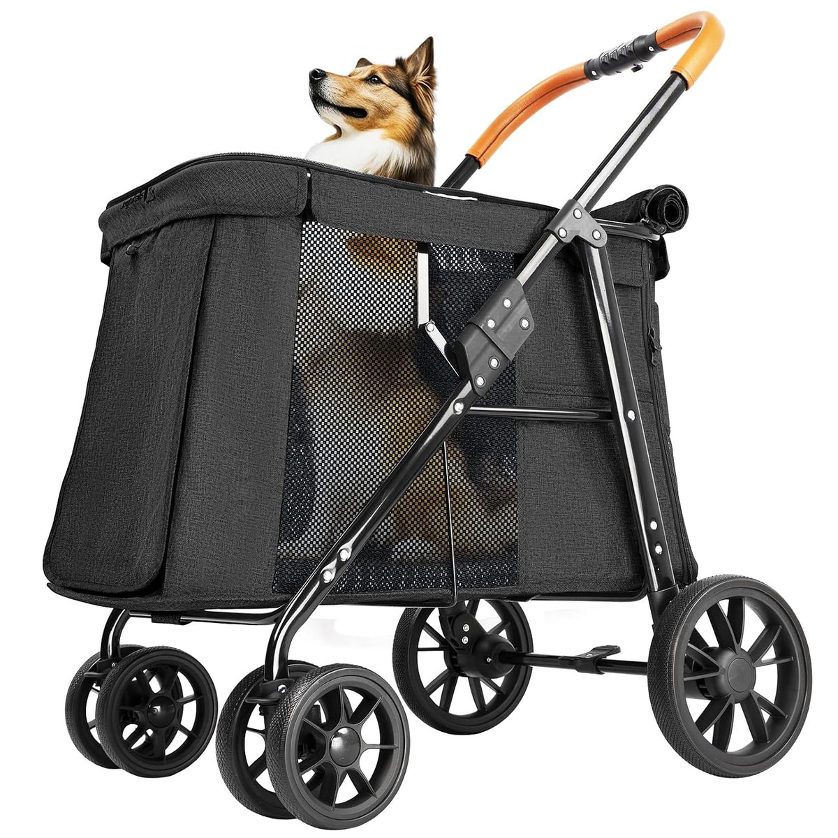Black one-hand fold large pet stroller with roll-up shade