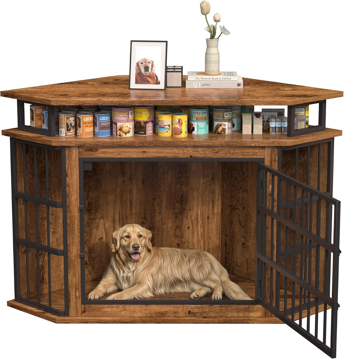 Brown corner wooden dog crate furniture with two-tier side shelves