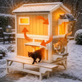 Two-story insulated wooden outdoor cat house with asphalt roof