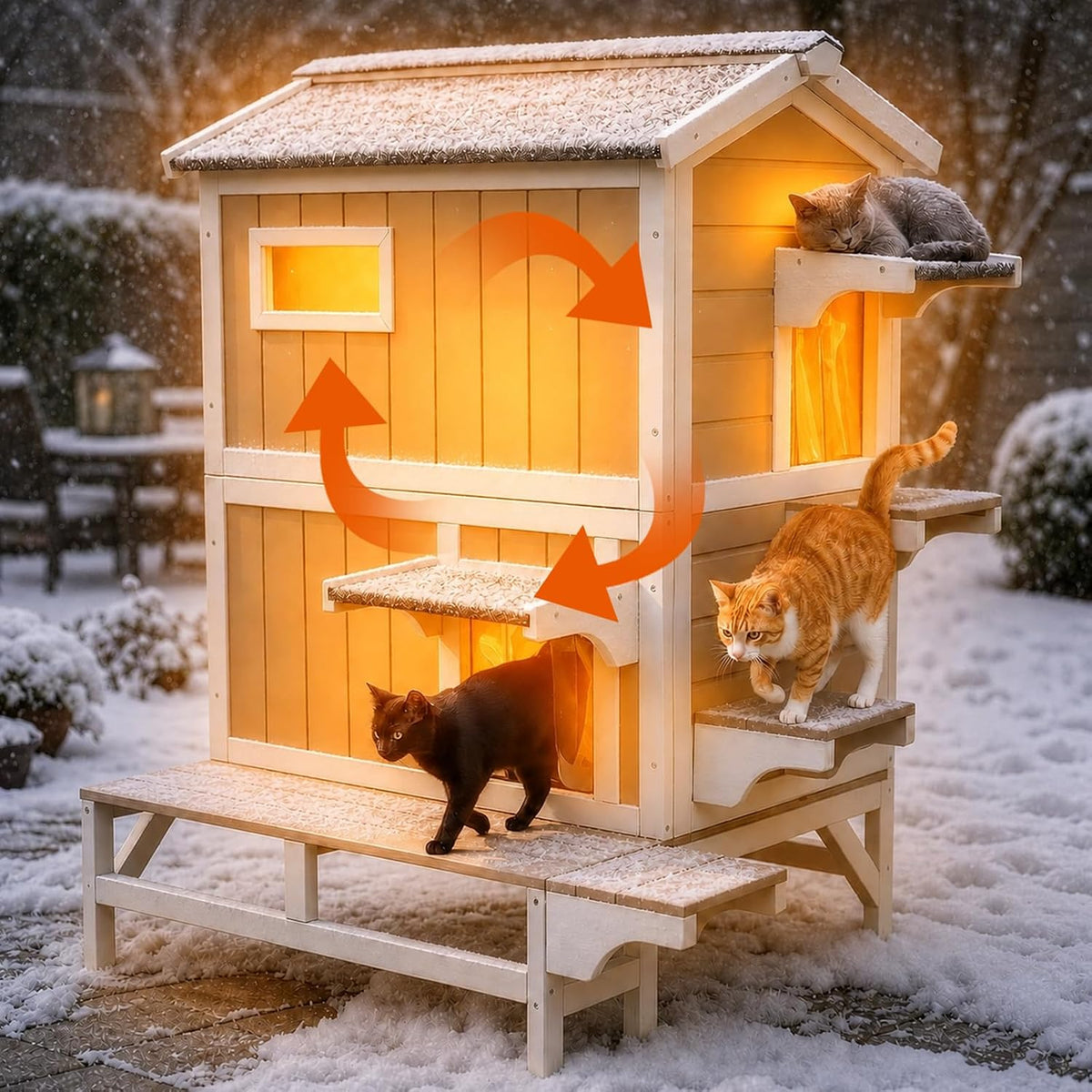 Two-story insulated wooden outdoor cat house with asphalt roof