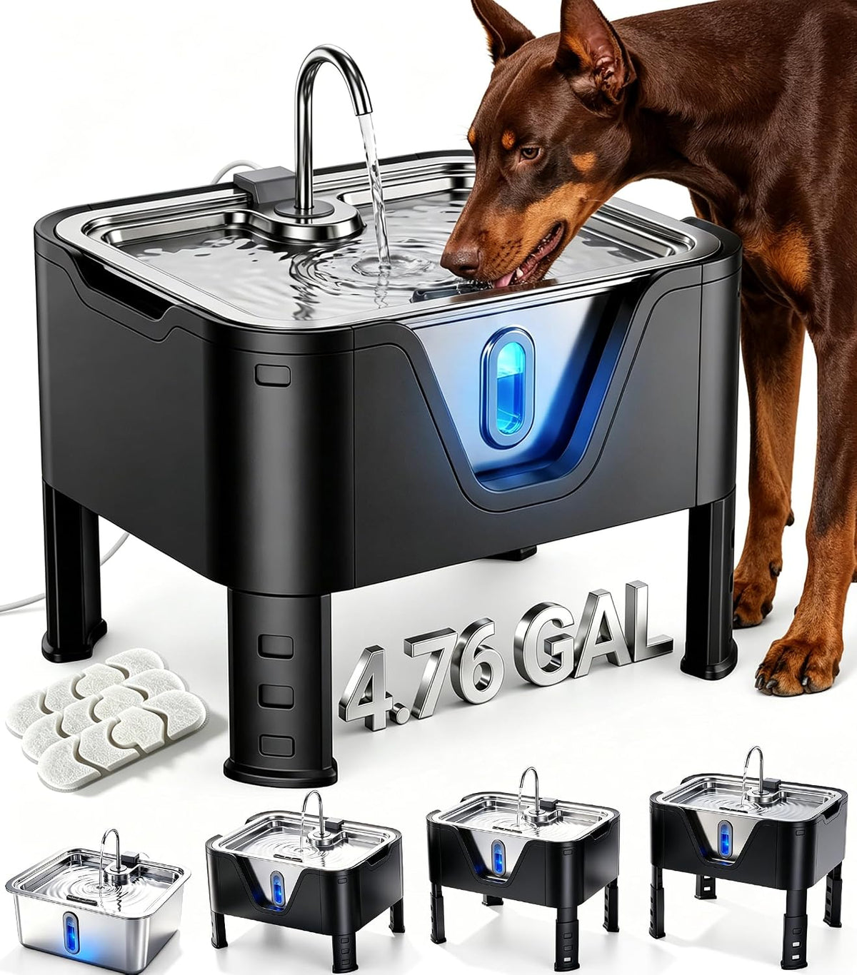 Silver elevated stainless steel dog water fountain on adjustable stand