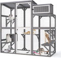 Yellow wooden outdoor catio enclosure with platforms and resting den – view 2