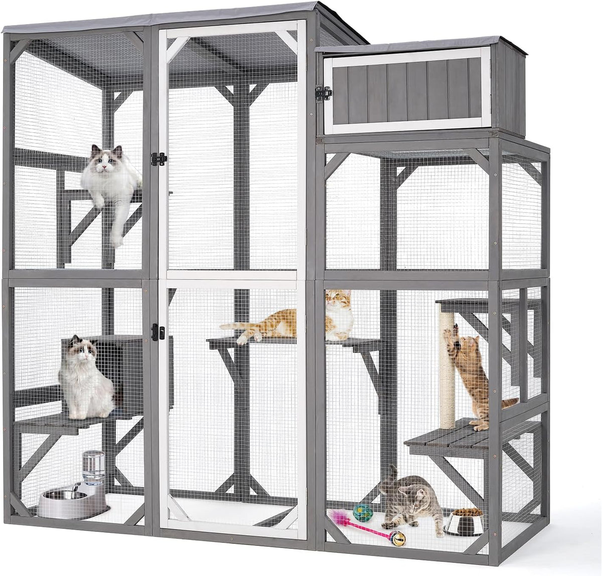 Yellow wooden outdoor catio enclosure with platforms and resting den – view 2