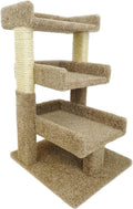 Brown carpeted three-level cat perch tower with sisal rope post