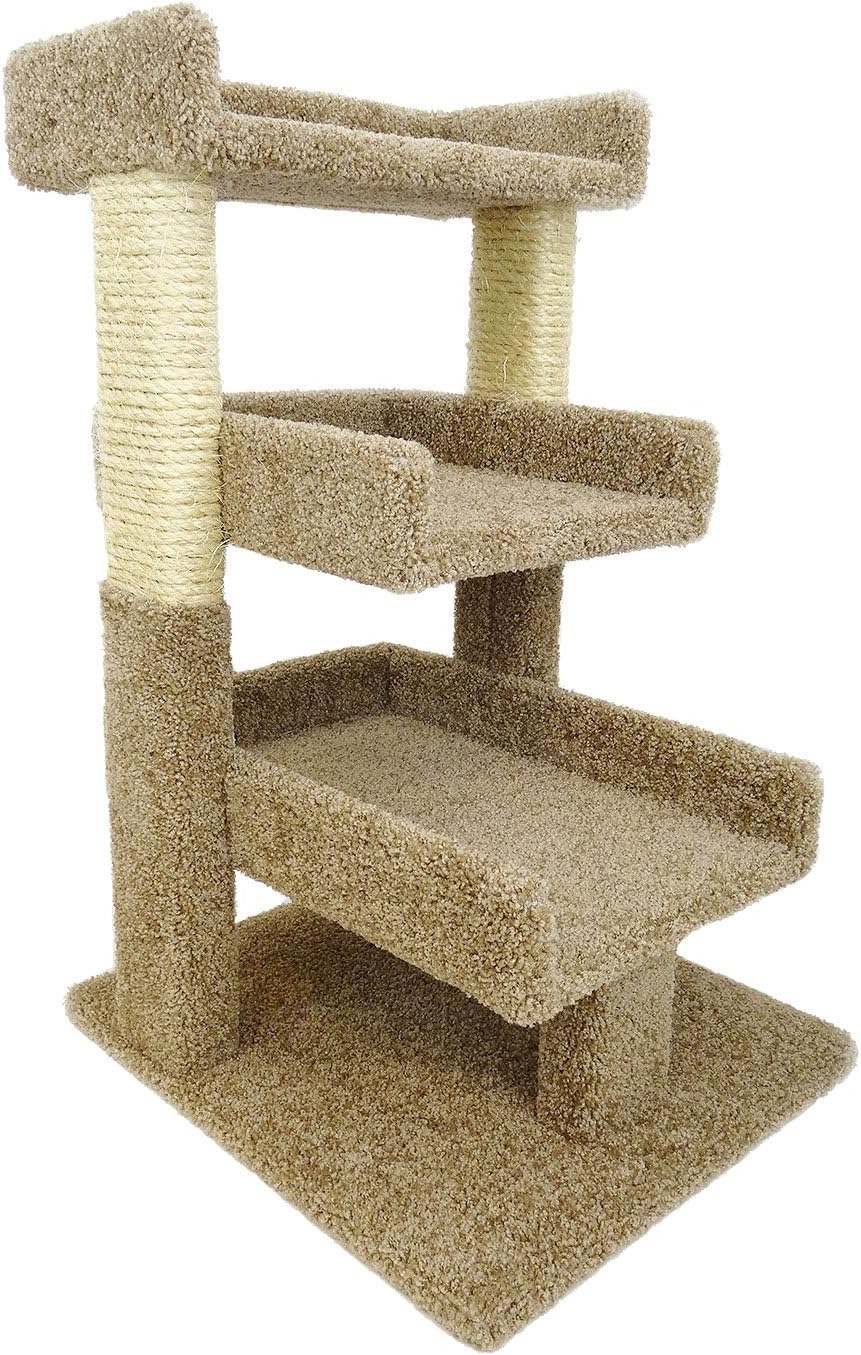 Brown carpeted three-level cat perch tower with sisal rope post
