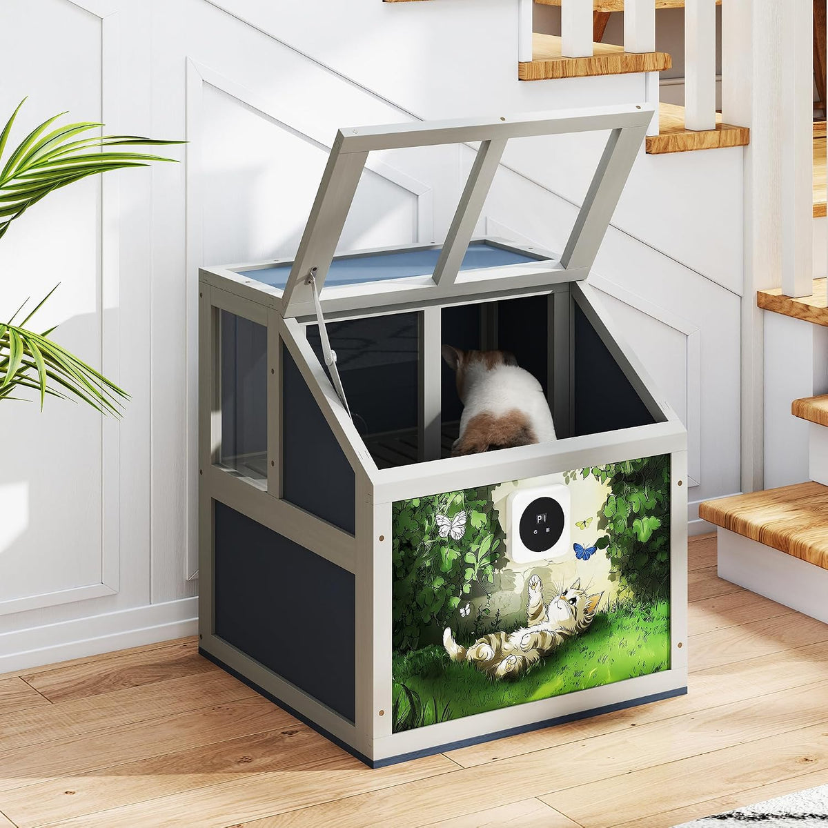 Gray two-tier wooden litter box enclosure with air purifier and open top
