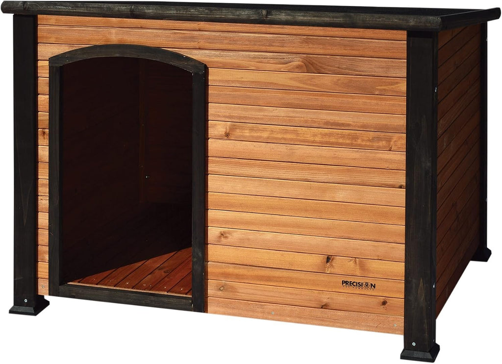 Medium log cabin style outdoor dog house with sloped roof