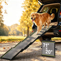 Telescoping dog ramp with rug surface leading into the back of an SUV