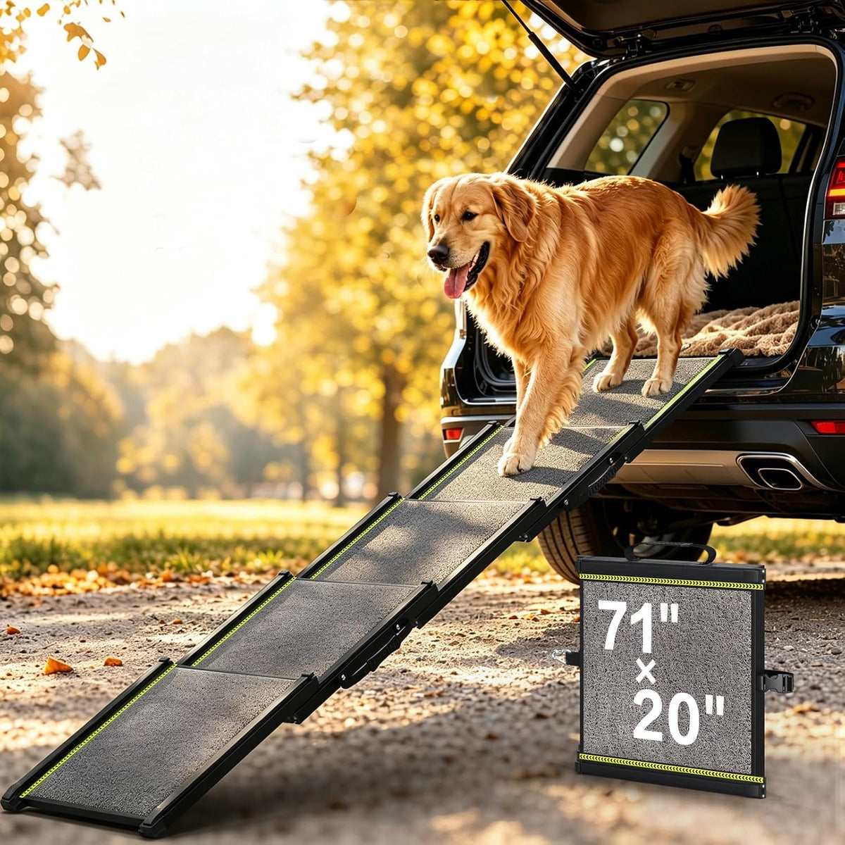 Telescoping dog ramp with rug surface leading into the back of an SUV