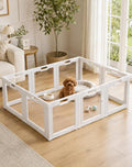 Clear acrylic 10-panel indoor puppy playpen with suction feet on a living room floor