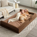 Brown oversized human dog bed with soft removable cover and side pockets