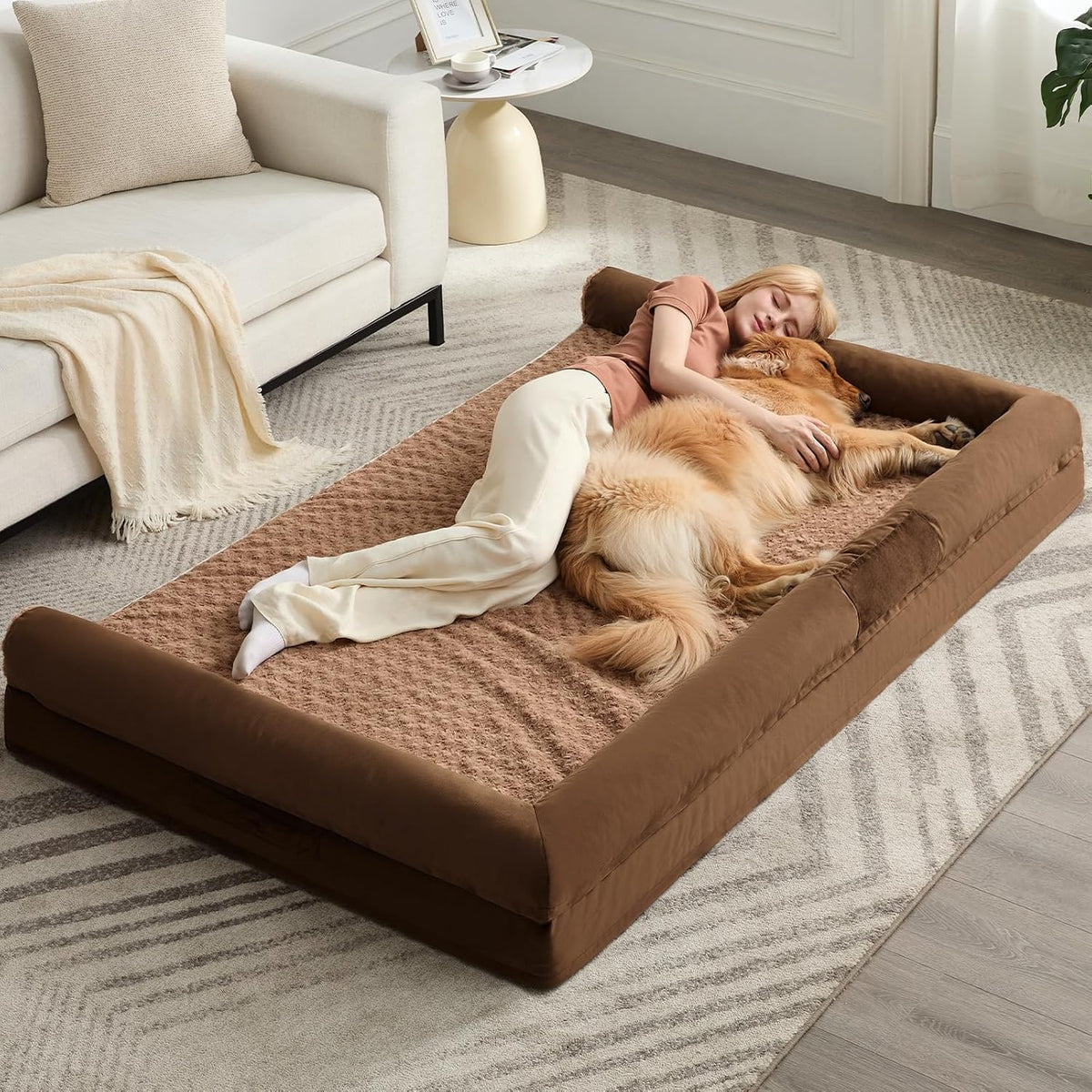 Brown oversized human dog bed with soft removable cover and side pockets
