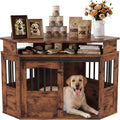 Brown 52 inch corner dog crate end table in a living room corner