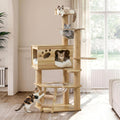 Yellow wood and steel cat tree with acrylic space capsule