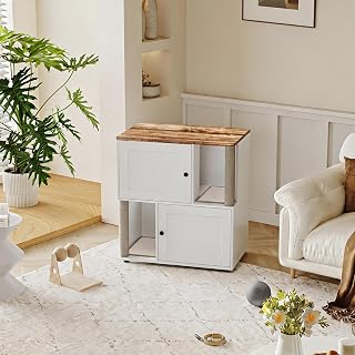 Double Layer Cat Litter Box Furniture, 2-in-1 Hidden Enclosure with Scratching Post and Mat, White