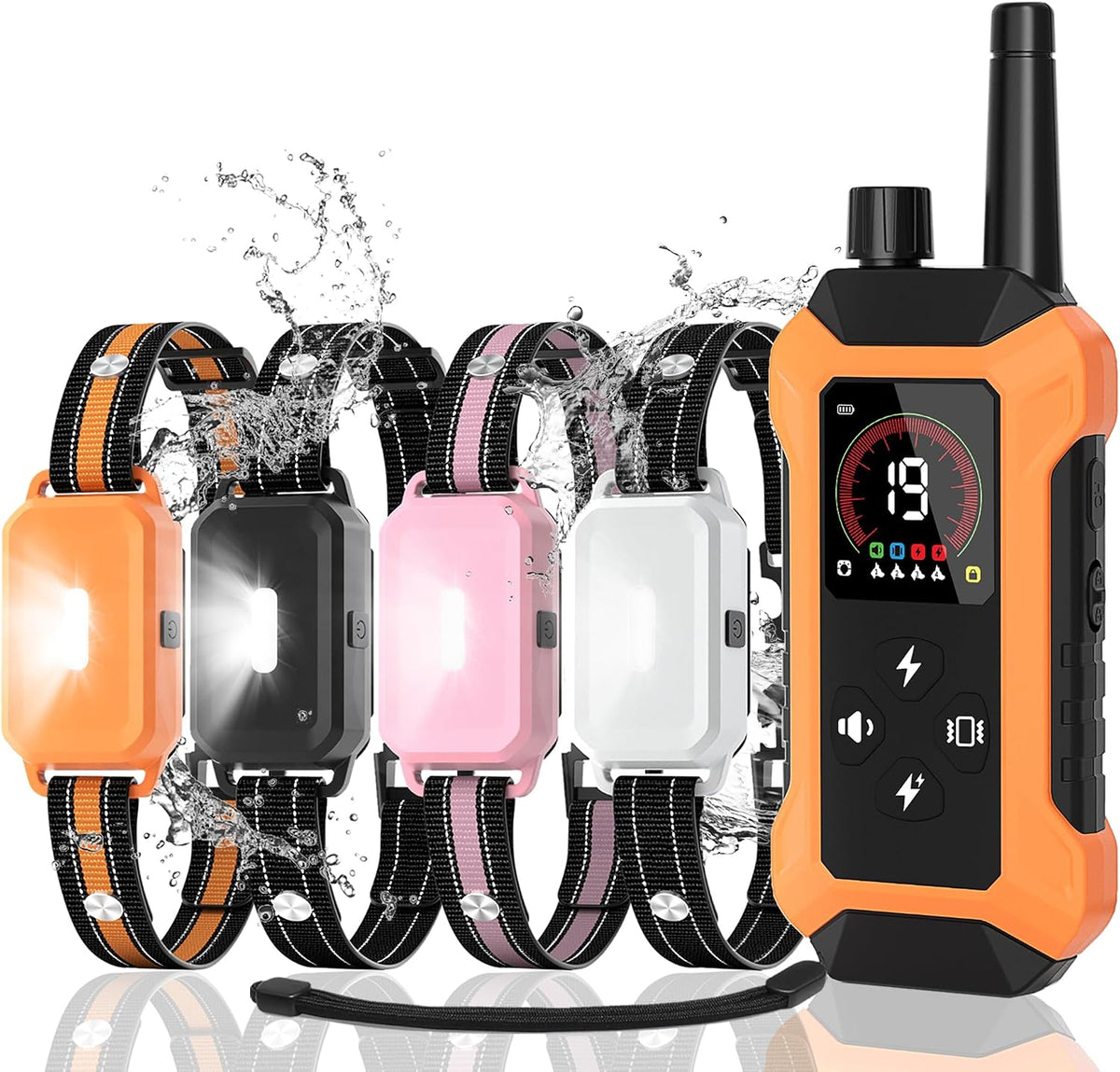 Remote with four waterproof dog training collars in assorted colors