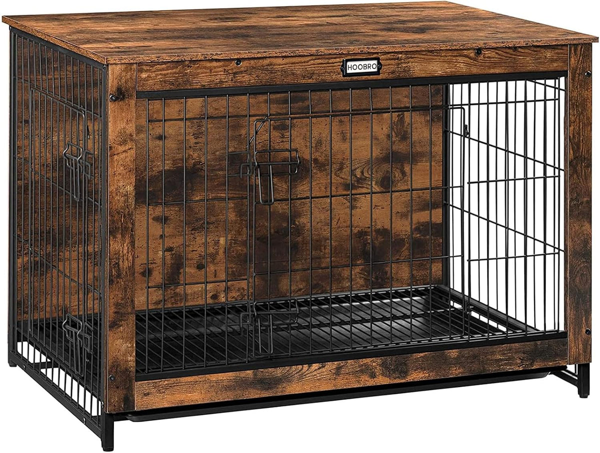 Rustic brown wooden dog crate side table with double doors