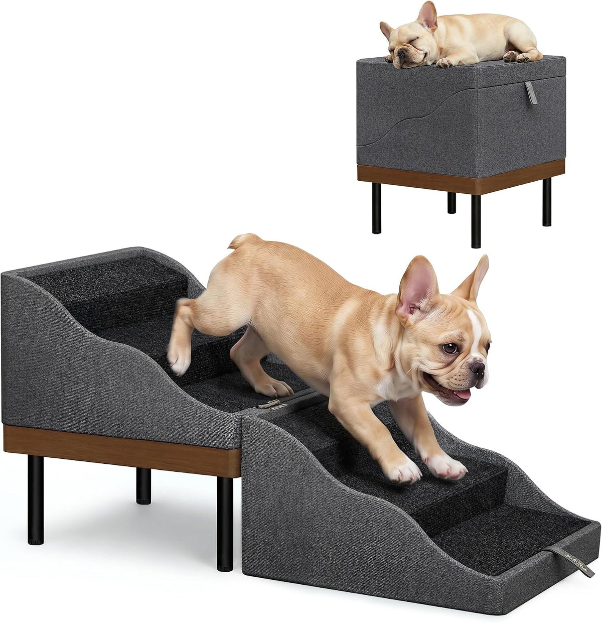 Foldable dog stairs ottoman with ramp side placed against a living room couch