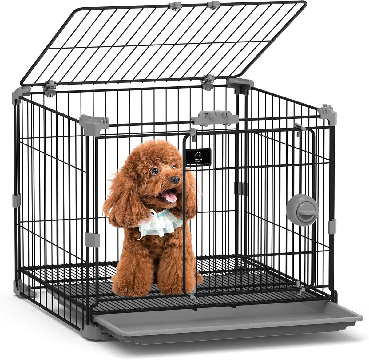 Black 24 inch metal wire dog crate with two doors and tray