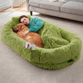 Grass green giant faux fur floor bed with blanket and pillow