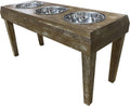 Washed oak raised dog feeder with three aluminum bowls