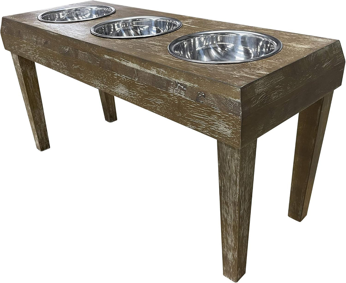 Washed oak raised dog feeder with three aluminum bowls