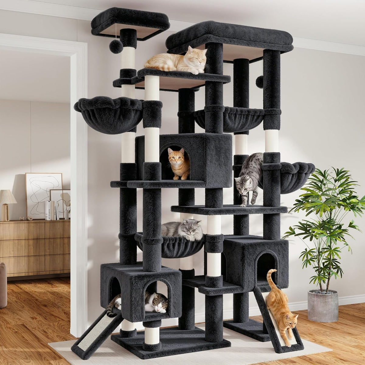 Dark grey 87 inch multi-level cat tree with baskets and hammocks