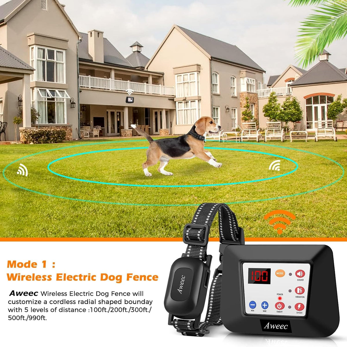 Wireless dog boundary transmitter with remote control and rechargeable training collar