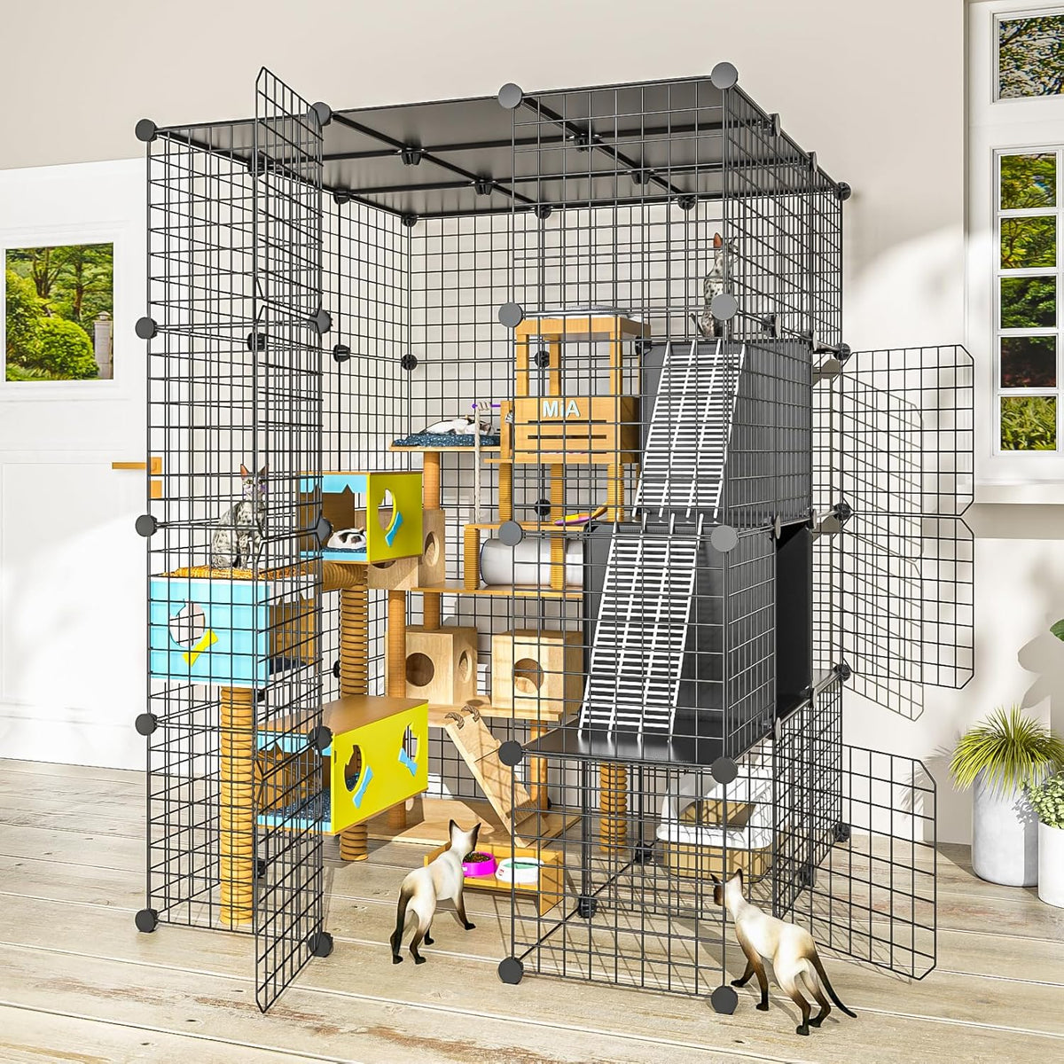 Black metal wire cat cage with platforms and storage cube