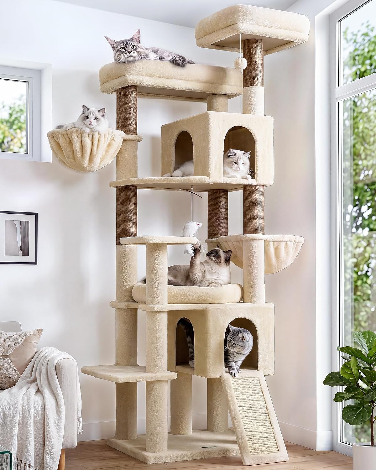 Beige 75 inch tall cat tree with two oversized condos and platforms