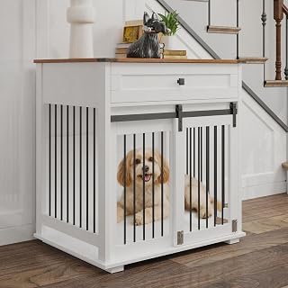 32-Inch Anti-Escape Cat Litter Box Cabinet with Metal Bars and Storage Drawer, Brown White