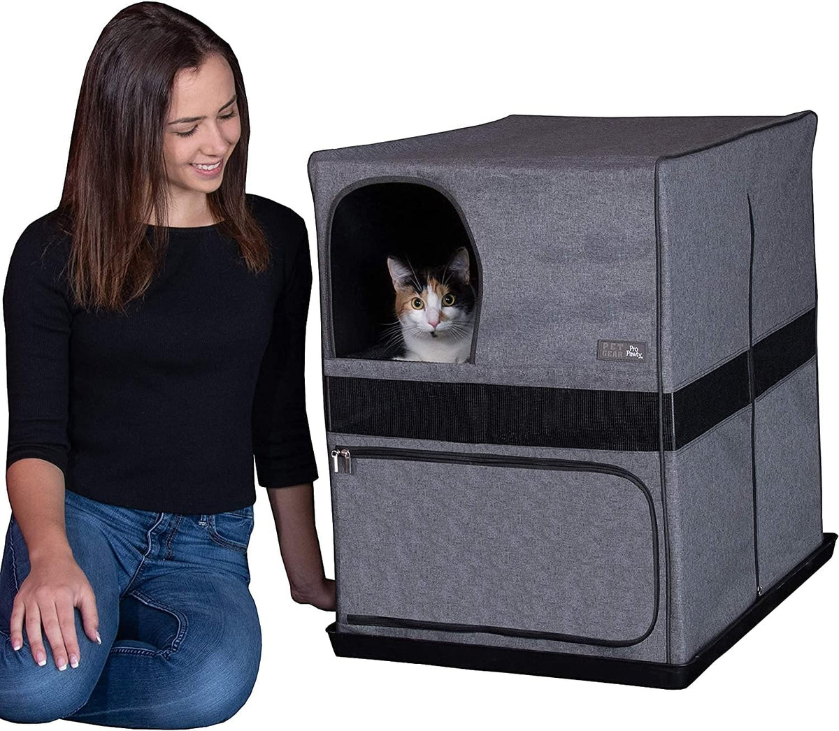 Covered litter box enclosure with partitioned interior and litter-trapping mat