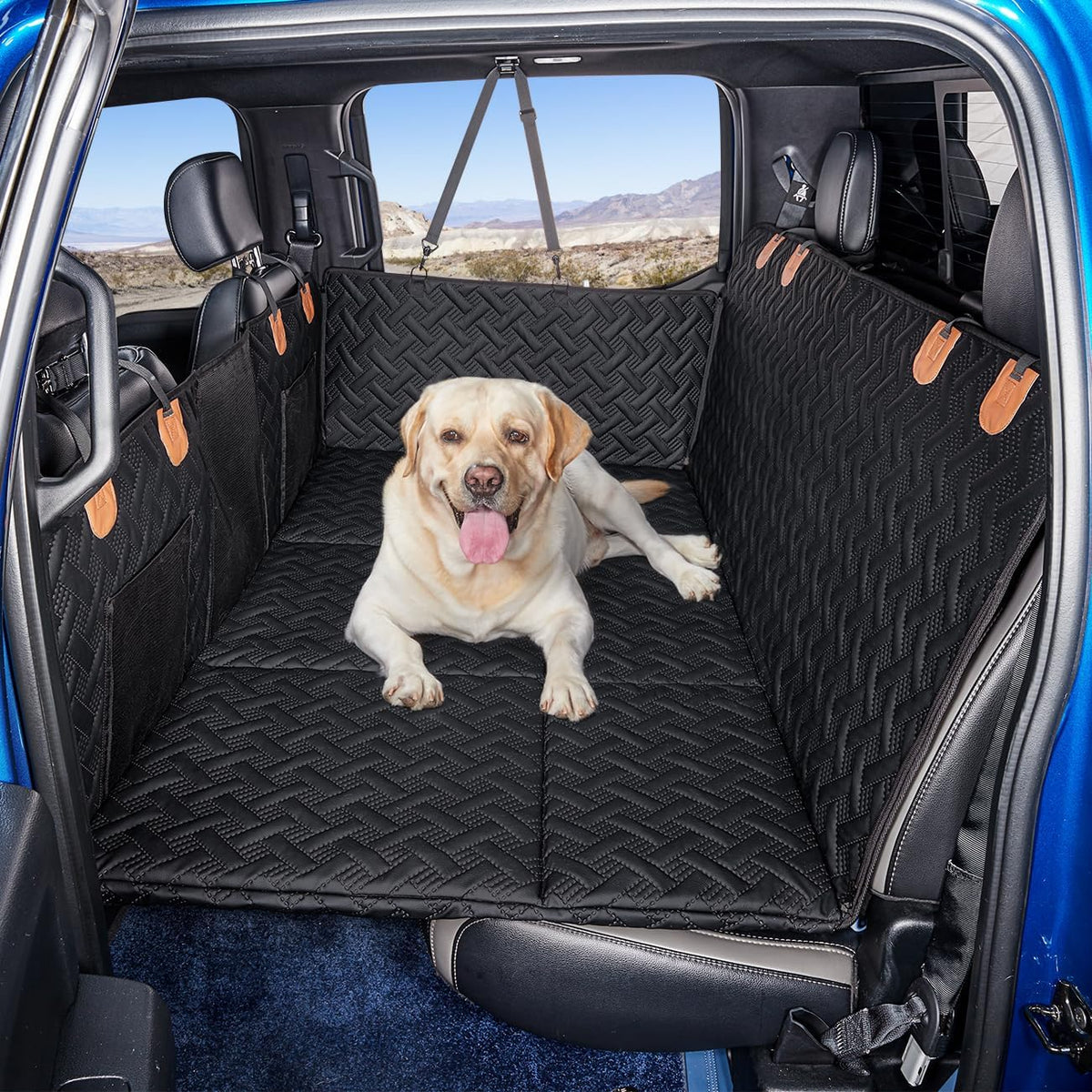 Black hard-bottom dog seat extender in a truck back seat – view 3