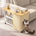 Cat Scratcher Side Table for Couch, 2-in-1 L-Shaped Wood Design with Replaceable Sisal Scratch Mat, Lockable Wheels and