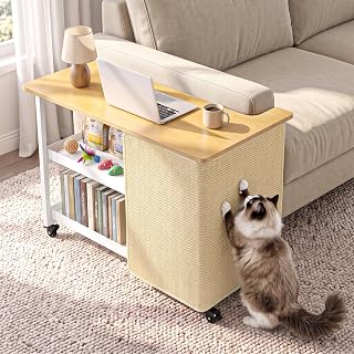 Cat Scratcher Side Table for Couch, 2-in-1 L-Shaped Wood Design with Replaceable Sisal Scratch Mat, Lockable Wheels and