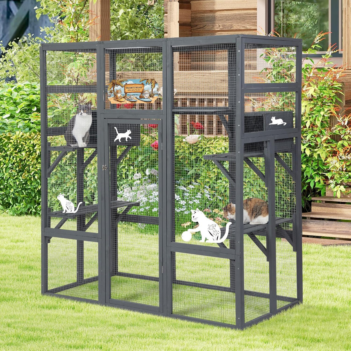 Large grey wooden catio outdoor cat enclosure with platforms and roof