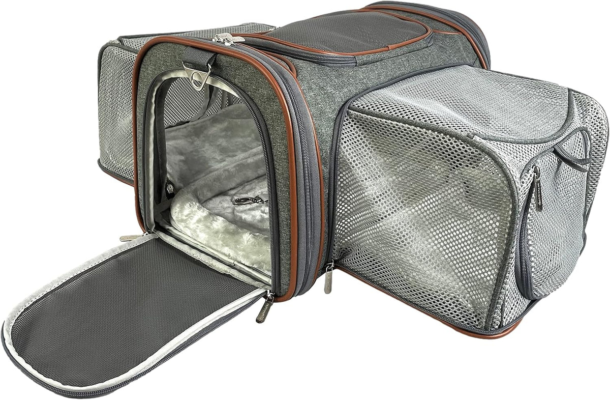 Platinum gray XL double expandable pet carrier with both sides open